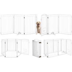 Metal Freestanding Dog Gate with Cat Door for Indoor&Outdoor,120" Extra Wide Foldable Pet Gate,32" Tall Foldable Indoor Dog Fence for Wide Openings Stairs,Deck,Yard,Doorways(6 Panels,White)
