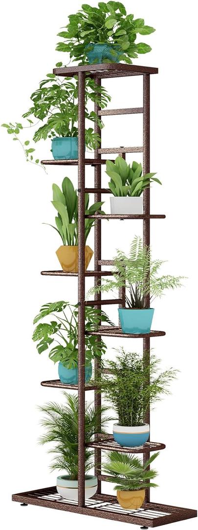 LINZINAR Plant Stand Indoor Outdoor Metal 8 Tier 9 Potted Multiple Flower Pot Holder Shelf Planter Display Shelving Unit for Patio Garden Corner Balcony Living Room (Bronze)