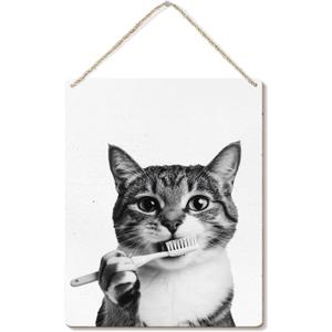 Funny Cat Bathroom Signs, Funny Kitty Brush Teeth Wooden Plaque Signs Wall Hanging for Bathroom Washroom Restroom Porch Door Decorations, Cat Wall Decor, 8x10 Inch