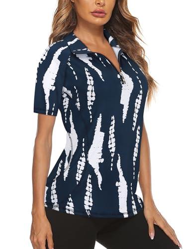 Koscacy Womens Golf Shirt,Sports Polo Running Tshirt V-Neck Lightweight Casual Zipper Shirts Golf&Tennis Tops Outdoors Sports Colthes for Teens Navy Blue, XL
