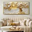 Large Framed Golden Yellow Tree Wall Art, Luxury Floral Canvas Decor with Yellow Moon, Ready to Hang Wall Hanging for Living Room Bedroom Office, 29x58 Inch.