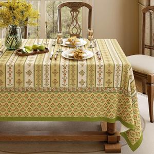 Floral Striped Block Print Tablecloth Rectangular, Farmhouse Linen Olive Green Table Cloth Heavy Weight Washable Table Cover for Spring Dining Party, 67x118''