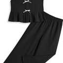 Girls Clothing Sets Sleeveless Bow Crop Top Wide Leg Linen Pants 2025 Summer Outfits Cute Kids Clothes (7-8 Years, Black)