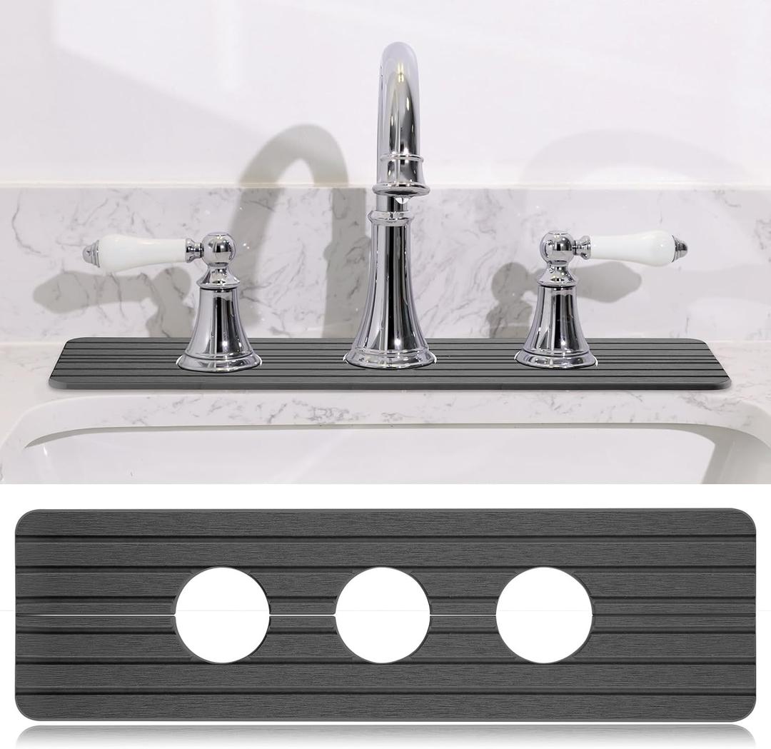Teenyyou 3 Hole Gray Faucet Mat for Kitchen Sink Bathroom 15.94" x 4.92" Kitchen Faucet Absorbent Mat Diatomite Splash Guard Quick Drying Stone Drip Catcher Hole 2.36" Holes Spaced About 1.65"