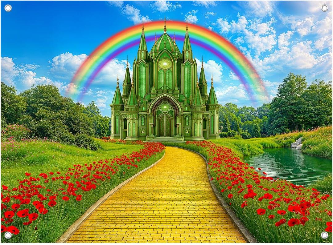 7x5FT Green Castle Yellow Brick Road Backdrop Rainbow Sky Party Banner Decorations Red Floral Photography Background Photo Booth Prop