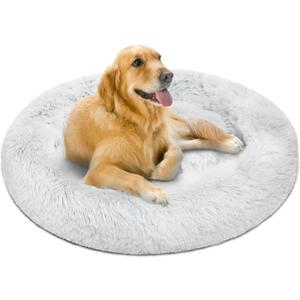 Friends Forever Donut Dog Bed Faux Fur Fluffy Calming Sofa For Large Dogs, Soft & Plush Anti Anxiety Pet Couch For Dogs, Machine Washable Coco Pet Bed with Non-Slip Bottom, 36"x36"x8" Ivory