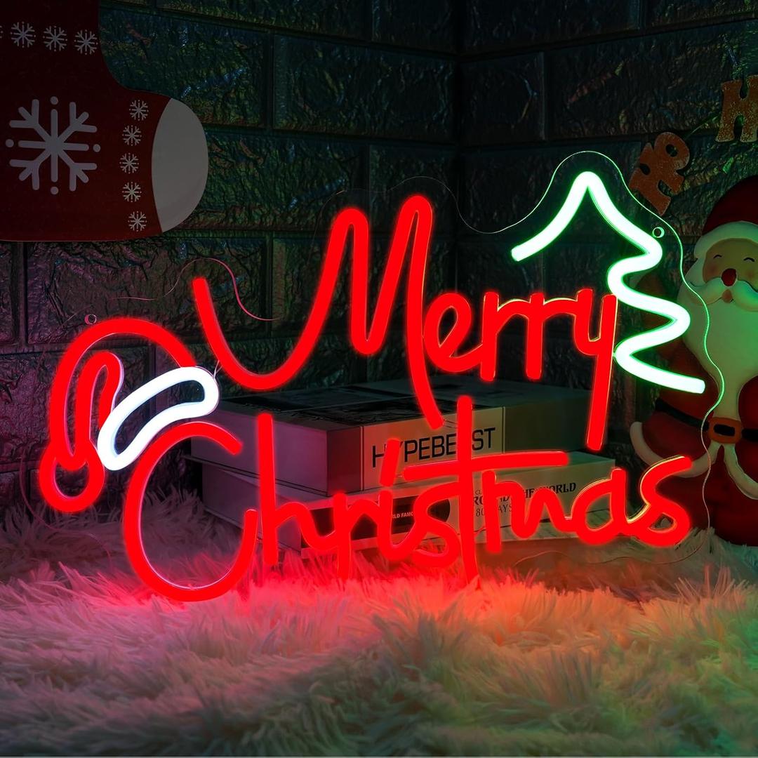 Merry Christmas Neon Sign, LED Christmas Neon Light for Wall Decor, Dimmable Acrylic Christmas Hat Neon Light, Merry Christmas Light up Sign for Outdoor Indoor Window Bedroom Wedding Bar Party Gift