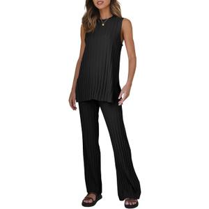 Tankaneo Two Pieces Outfits Sleeveless Top Knit Sets Trendy Lounge Long Pajamas Set (Medium, Black)