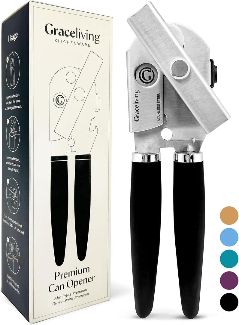 Premium Multifunction Magnetic Manual Can Opener and Bottle Opener, Heavy Duty Stainless Steel Sharp Cutting Blade and Oversized Easy Turn Knob, Soft-Touch Handle, Kitchen Use, Black