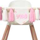 First Birthday High Chair Banner, Pink and White Tassel Garland with Bow Design, Baby Girl Party Decoration