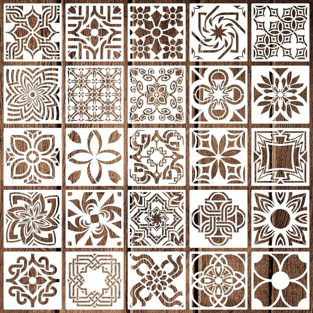 2 x 25 Pack Tile Stencils, Reusable Flower Pattern Painting Stencils for Painting on Wall Wood Floor Furniture