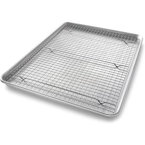 USA Pan 1607CR Bakeware Extra Large Sheet Baking Pan and Bakeable Nonstick Cooling Rack Set, XL, Metal, 15W x  23L