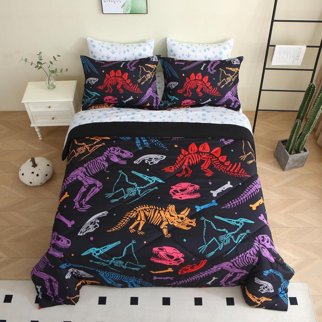 7 Piece Boys Dinosaur Comforter Set Twin Size 3D Black Dinosaur Skeleton Bedding Set for Toddler Kids Teens Christmas Birthday Gift