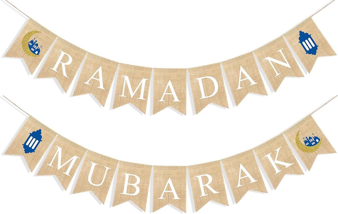Uniwish Ramadan Mubarak Banner Burlap Bunting Garland Ramadan Decorations for Home Mantle Fireplace Decor Eid Mubarak Party Supplies Islamic Muslim Holiday Photo Props