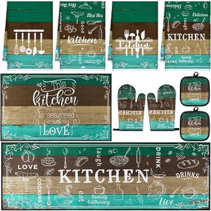 10 Pcs Farmhouse Kitchen Decor Sets 4 Teal Green Kitchen Dish Towels 2 Teal Pot Holders 2 Oven Mitts Glove 2 Brown Rustic Non Slip Rugs and Mats for Floor Home Decorations Accessories Mom Gifts