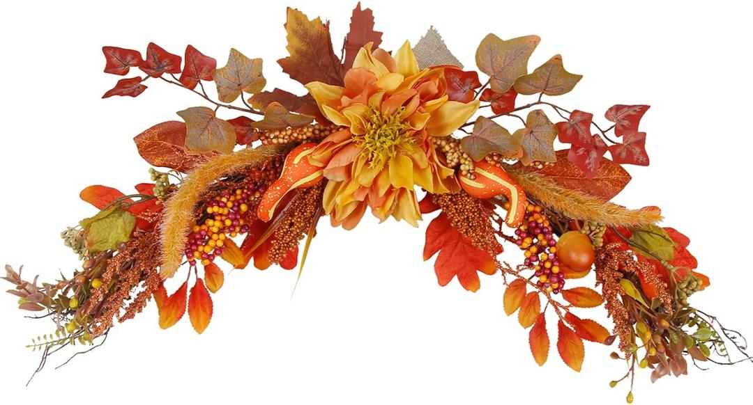 Fall Swag Wreaths for Front Door Artificial Dahlia Flowers Orange Floral Swag Autumn Pumpkins Berries Maple Leaf Fall Swags and Garlands for Wedding Arch Mantle Windows Wall Decor Thanksgiving