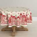 Horaldaily Christmas Tablecloth 7070 Inch Round, Beige Snow House Pine Trees Washable Table Cover for Party Picnic Dinner Decor