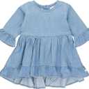 RuffleButts Baby/Toddler Girls Long Sleeve High Low Flowy Ruffle Tunic Top (3T, Light Wash Denim)