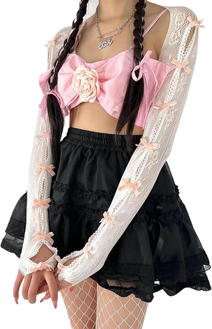 Women's Mesh Lace Shrug Crop Top Y2K Aesthetic Grunge Arm Sleeves Cardigan with Bow Going Out Shirts Summer (Pink)