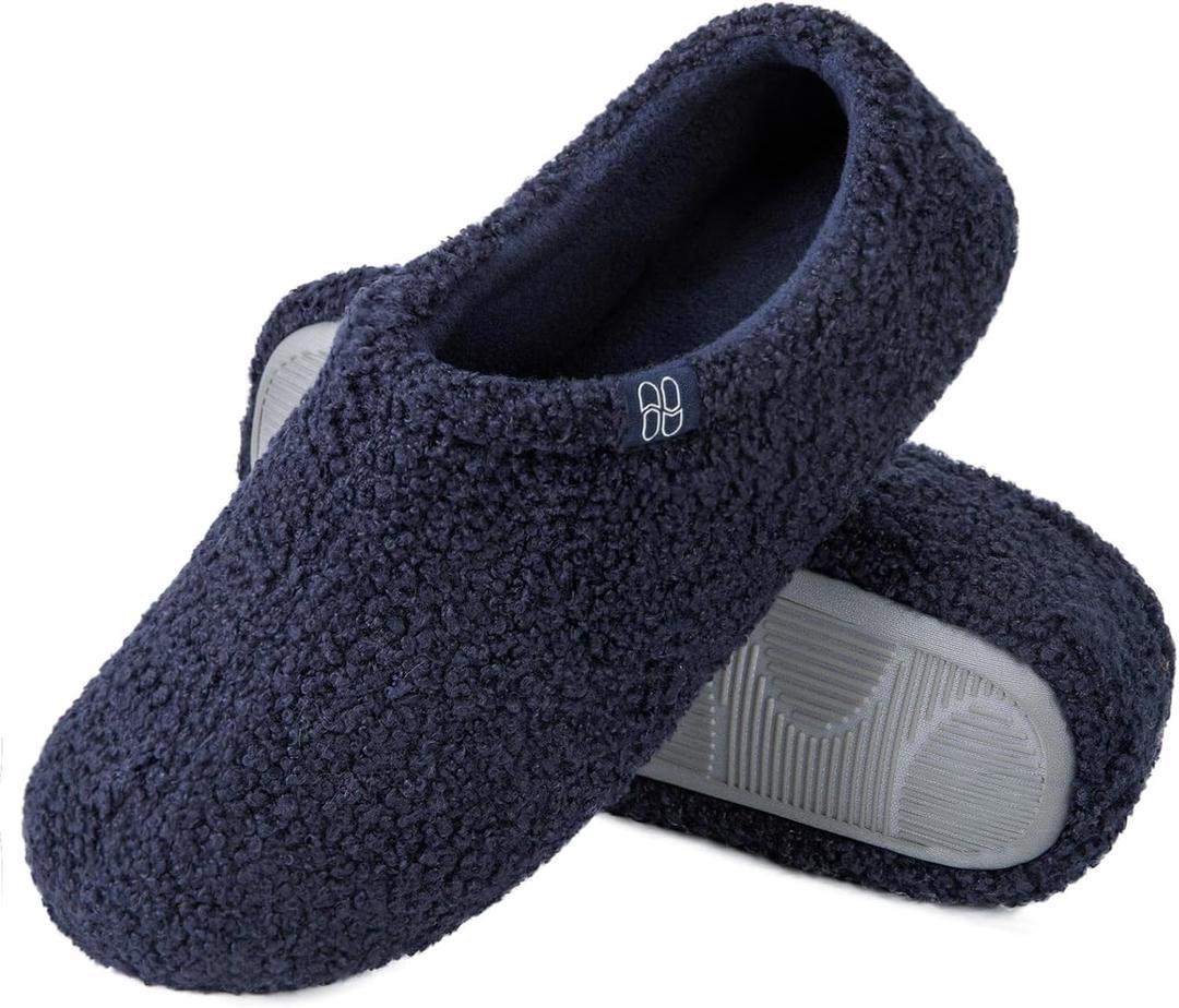 HomeTop Women's Fuzzy Curly Fur Memory Foam Loafer Slippers with Polar Fleece Lining (8.5, Navy)