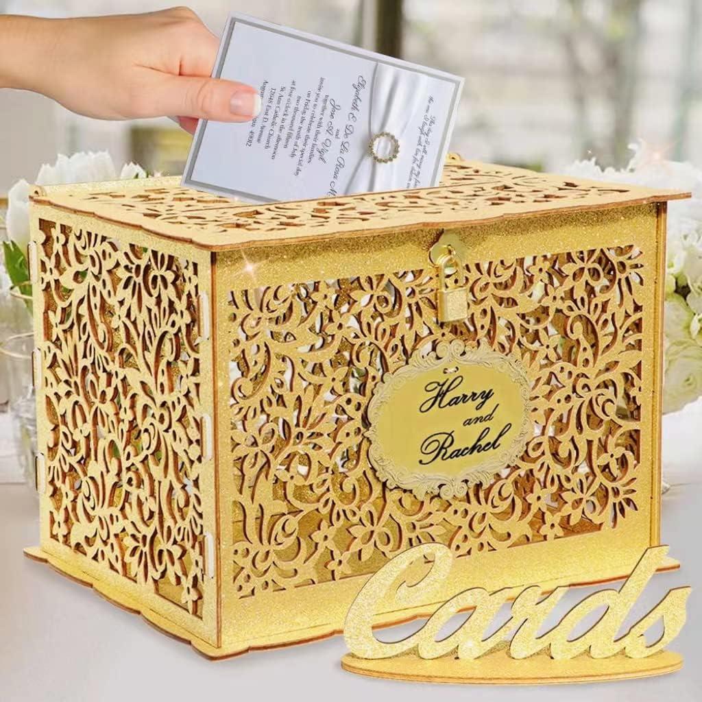 OurWarm Gold Wedding Card Box - Glittery Wooden Card Boxes with Lock, Gift Card Box Money Holder for Reception, Anniversary, Shower, Rustic Wedding Decorations, Birthday, Graduation