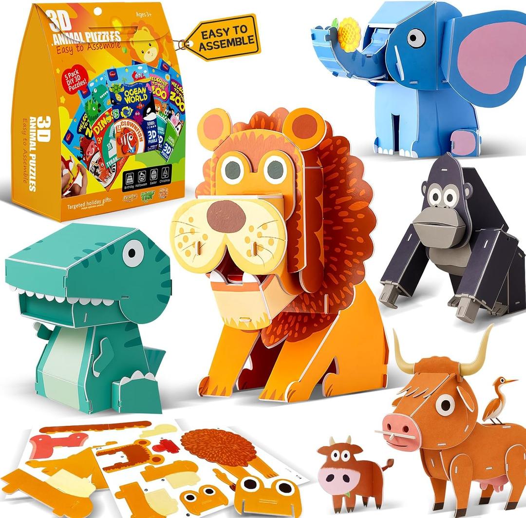 3D Animal Puzzles for Kids Ages 4-8, DIY Educational Paper Craft Kit, 5 Cartoon Animals STEM Learning Toys for Boys and Girls, Easy to Assemble, Birthday Gifts