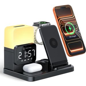 6-in-1 Wireless Charging Station, Charger Stand for Apple Multiple Devices, for iPhone 17 16 15 14 13 12 Pro Max Watch Airpods, Wireless Charger iPhone Charging Station with Night Light/Alarm Clock