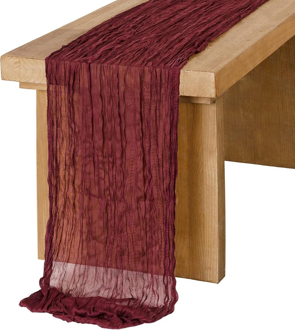 Ling's Moment Dark Red Cheesecloth Table Runner, 120 Inch 10FT Burgundy Boho Gauze Rustic Sheer Maroon Cranberry Cheese Cloth Table Runners for Party Wedding Birthday Outdoor Bridal Shower Decor