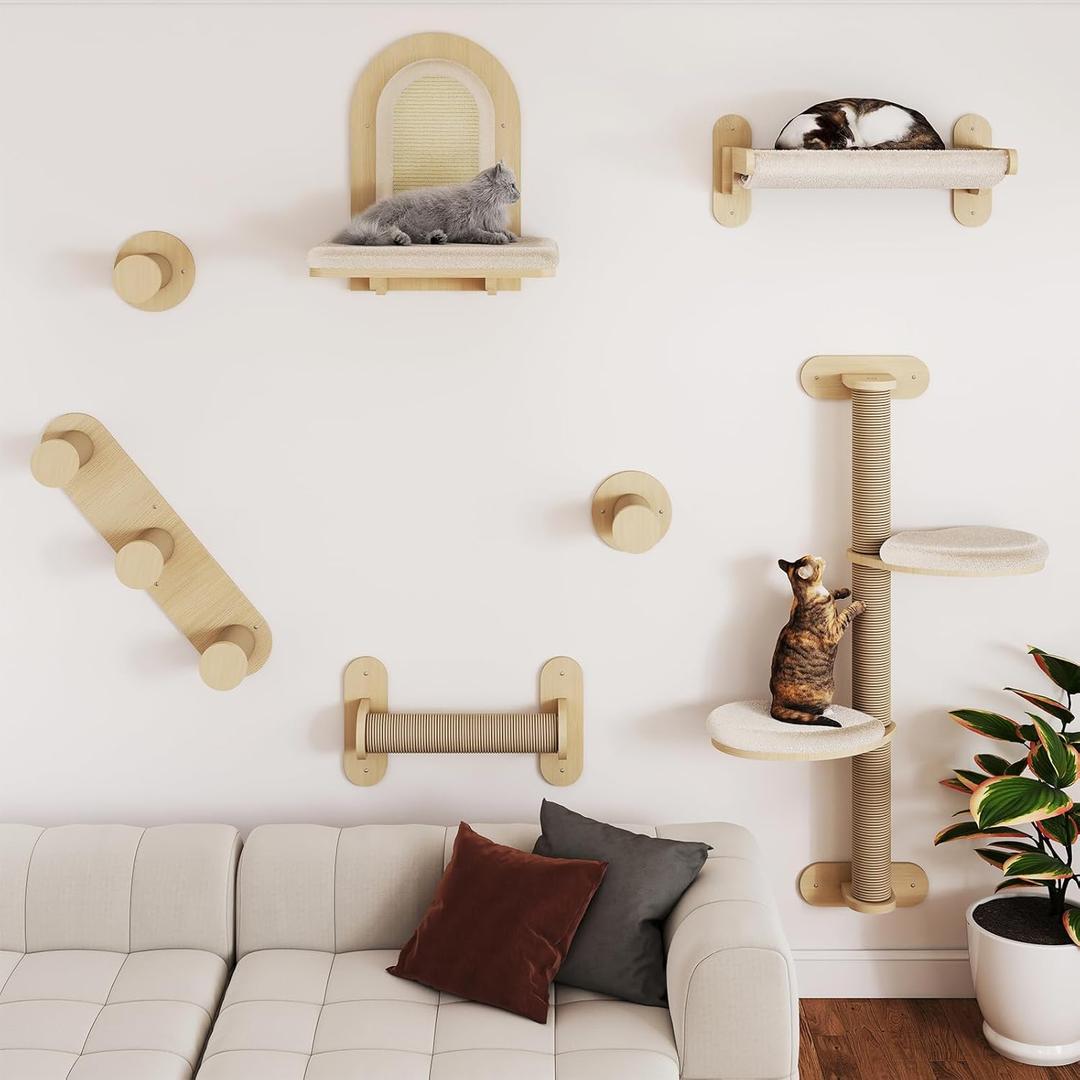BYBYME 7Pcs Cat Wall Shelves, Solid Wood Indoor Cat Tree, Multi-Levels, Sturdy Wooden Wall Mounted Climbing Frames with Scratching Posts, Kitten Platform and BedNatural Wood