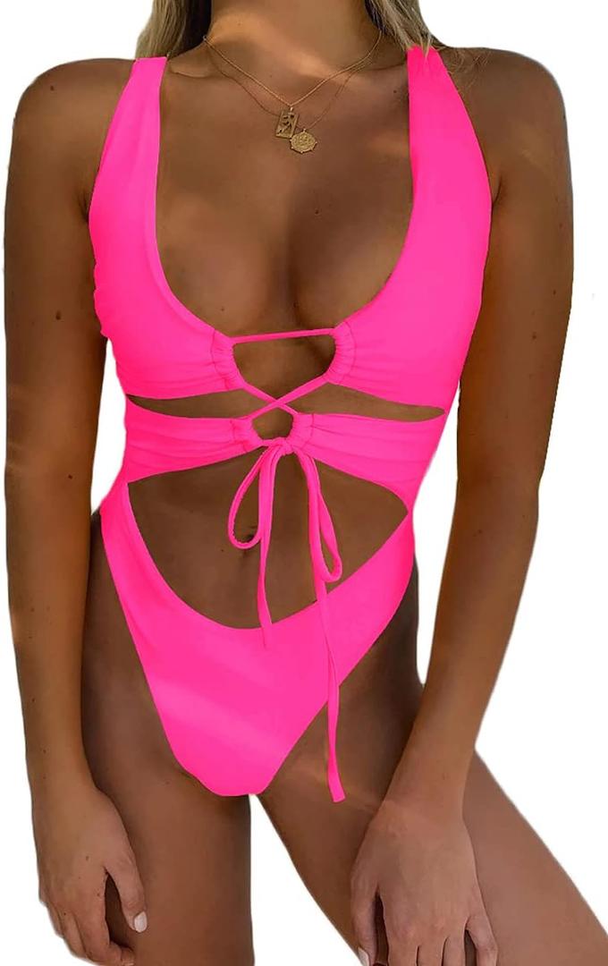 CHYRII Women's Sexy Cutout Lace Up Backless High Cut One Piece Swimsuit Monokini (Medium, Pink)