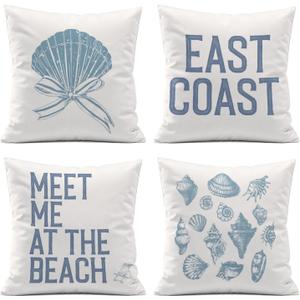 East Coast Room Decorative Pillow Covers,Retro Blue Conch Throw Pillow Covers Decor for Home Dorm Apartment,Beach Ocean Room Decor Aesthetic,18x18 Inch Pillowcase Set of 4