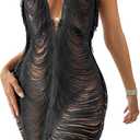 Women Sexy Halter See Through Dress Beach Swimsuit Cover Up Swimwear Sheer Tassel Dress Nightclub Bodycon Skirt (Black)