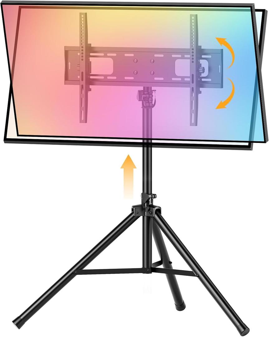 Portable Tripod TV Stand for 25 to 65, 70-inch Television with 15Tilt, 5 Pillar Height, Dual Safety Pins, Tall Tvstand Maxi Load 110 lbs, for Bedroom, Living Room and Outdoors, Black