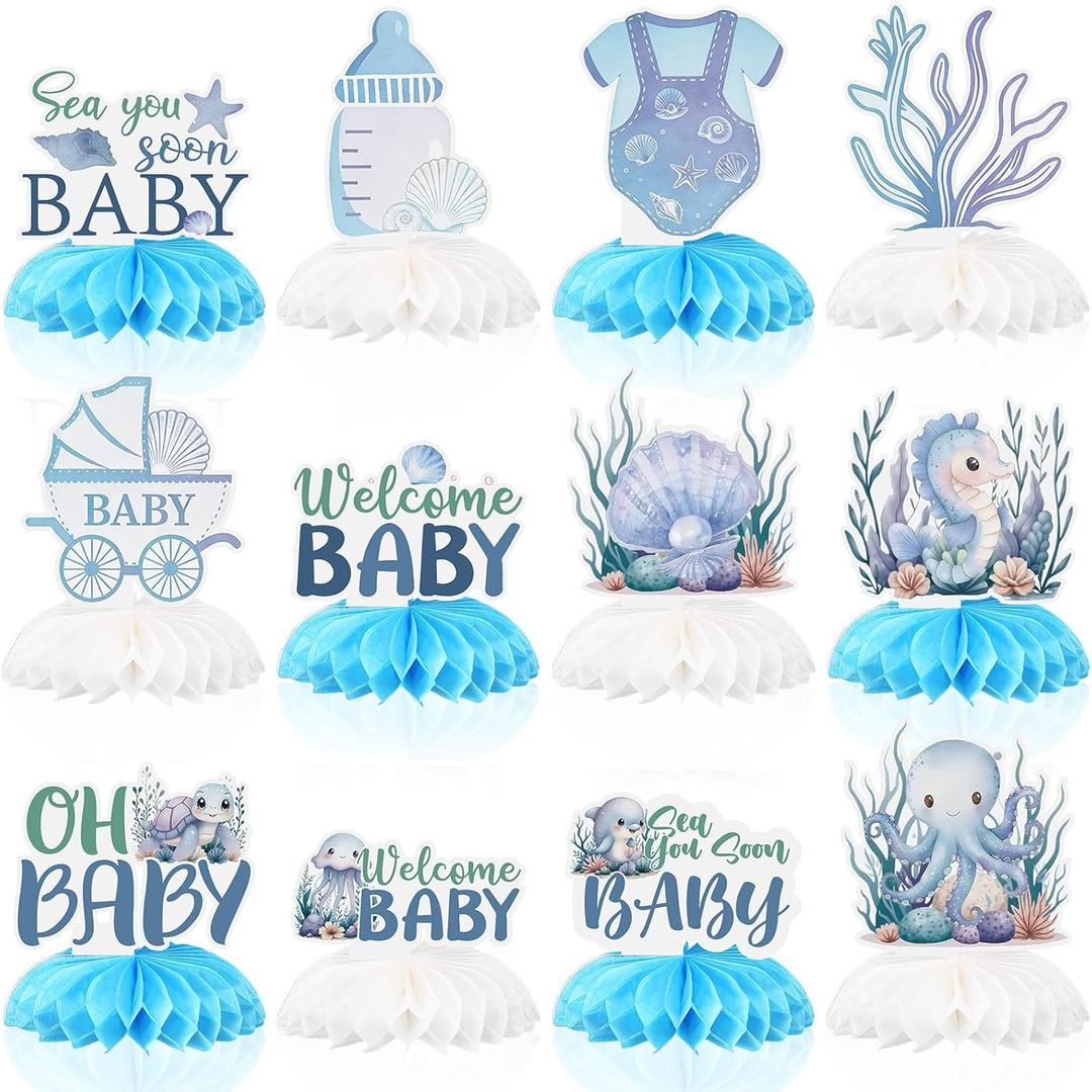 Eaasty 12 Pcs Sea You Soon Honeycomb Centerpieces for Baby Shower Ocean Sea Animal Honeycomb Party Table Decorations for Ocean Theme Birthday Baby Shower Gender Reveal Party Supplies (Blue)