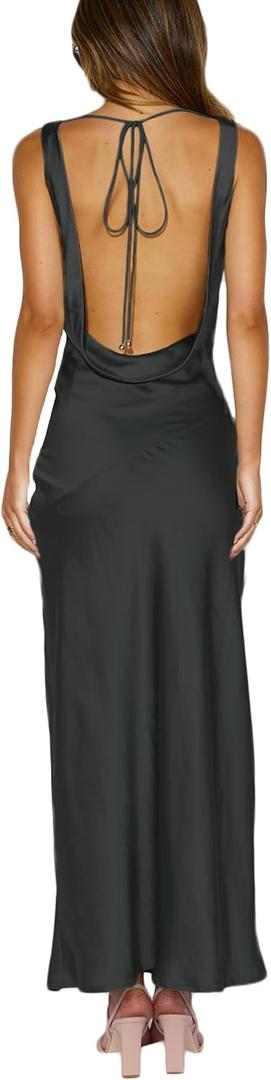 Women's 2026 Summer Satin Backless Elegant Dress for Wedding Guest Silk Sleeveless Cowl Neck Party Formal Maxi Dresses (Black, M)