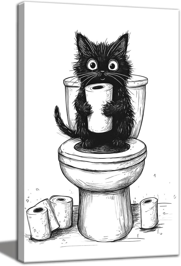 Cat Bathroom Canvas Wall Art Decor, Funny Animal Black and White Canvas Wall Art, Cute Cat On Toilet Holding a Toilet Paper Roll Artwork Prints for Bathroom Toilet Restroom Washroom Wall Decor 12x16''