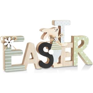 5 x Shzbtdo Easter Decorations for Home, Farmhouse Table Wooden Bunny Mantel Decors, Indoor Easter Sign Decor for Tiered Tray Decor
