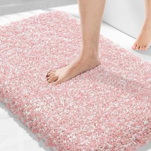 Yimobra Bathroom Rugs Non Slip Washable 36x24, Ultra Soft and Water Absorbent Bath Mats, Plush Fluffy Shower Mat Outside, Luxury Microfiber Thick Matts for Bathroom Floor/Tub, Light Pink and White