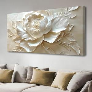 MooMel Large Framed Abstract White Flower Wall Art, Modern Canvas Wall Decor for Living Room Bedroom Dining Room Home Office, 29x58 Inch.