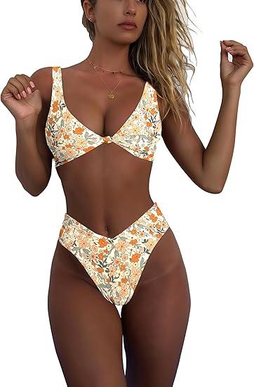 geluboao Bikini Set for Women Solid V Neck Knot Front Push Up High Leg Thong Two Piece Swimsuit (Large, Apricot Floral)