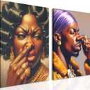 Funny African American Bathroom Wall Art Set of 2, Black People Wall Decor Paintings, Funky Men and Women Pinch Nose Poster Canvas Prints Pictures 12x16 inch Framed
