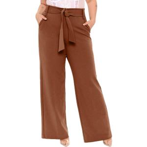 Eytino Womens Plus Size Stretch Dress Pants Comfy Wide Leg Belted Lounge Pants for Office, 1X-5X (Brown, XL)