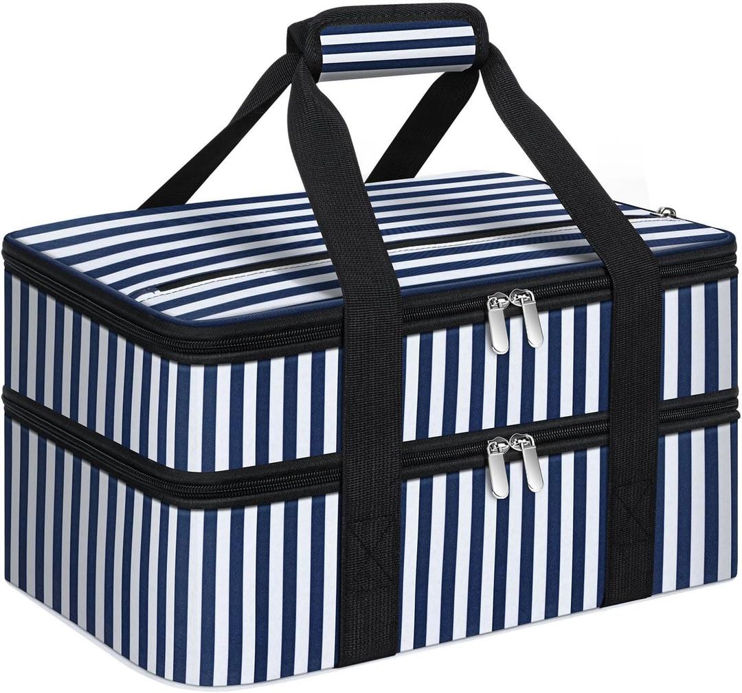 Double Insulated Casserole Carrier, Portable Casserole Carrier for Hot or Cold Food Lunch Tote Warmer or Cooler Bag, Lasagna Lunch Bag for Potluck Parties- Fits 9" x 13" Baking Dish-Blue Stripes (16x10x7.2 in)