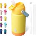 BJPKPK Insulated Water Bottle with Straw Lid, 12oz Thermo Water Bottles with Soft Nozzle, Flex Handle & Non-slip Boot, BPA Free Leak Proof Stainless Steel Metal Thermo, Tumblers, Cups,Yellow