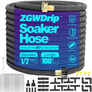 Soaker Hose 100 FT,1/2 Inch Soaker Garden Hose with 3/4" Solid Brass Connectors