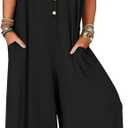 MEROKEETY Women's 2025 Summer Cap Sleeve Jumpsuits Deep V Neck Button Onesie Wide Leg Pants Rompers (Medium, Black)