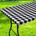 Rectangle Vinyl Table Cloth, Waterproof Elastic Fitted Tablecloth with Flannel Backing, Plastic Table Cover for Picnic, Camping, Outdoor (Black & White, 30"x60")