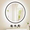 TETOTE Round Led Lighted Bathroom Mirror Matte Black Frame 24 Inch Front and Backlit Circle Round Light up Vanity Mirror with Lights, 3 Color Illuminated Dimmable Anti Fog Wall Mount, IP54 CRI 90+