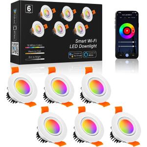 2 Inch Smart LED Recessed Lighting, 5W WiFi RGB Downlight, CCT 2700-6500K Dimmable Color Changing Recessed Ceiling Light, 110V Recessed Light Compatible with Alexa & Google Home with LED Driver 6 Pack