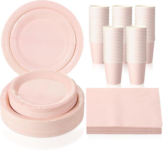 Tioncy 200 Pcs Disposable Paper Plates Cups and Napkins Party Supplies Serve Guests Disposable Paper Dinnerware Set for Christmas Birthday Wedding Baby Shower Family Picnic(Pastel Pink)